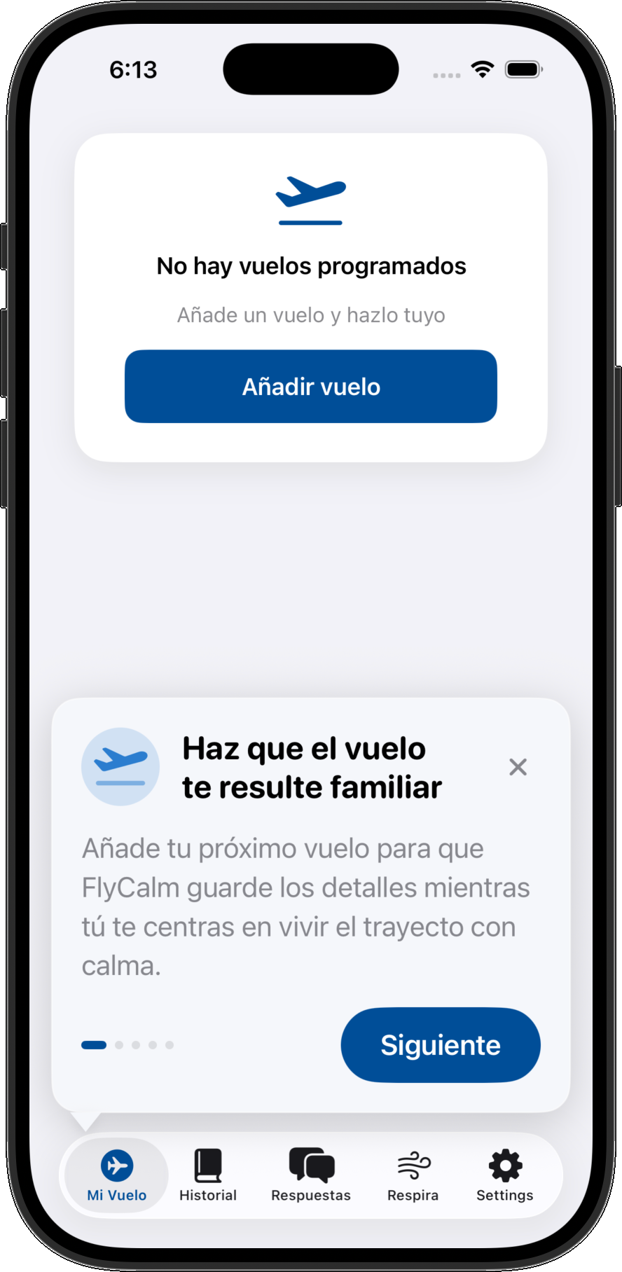 FlyCalm app screen